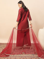 Maroon Embroidered Kurta Palazzo Set with Organza Dupatta for Women