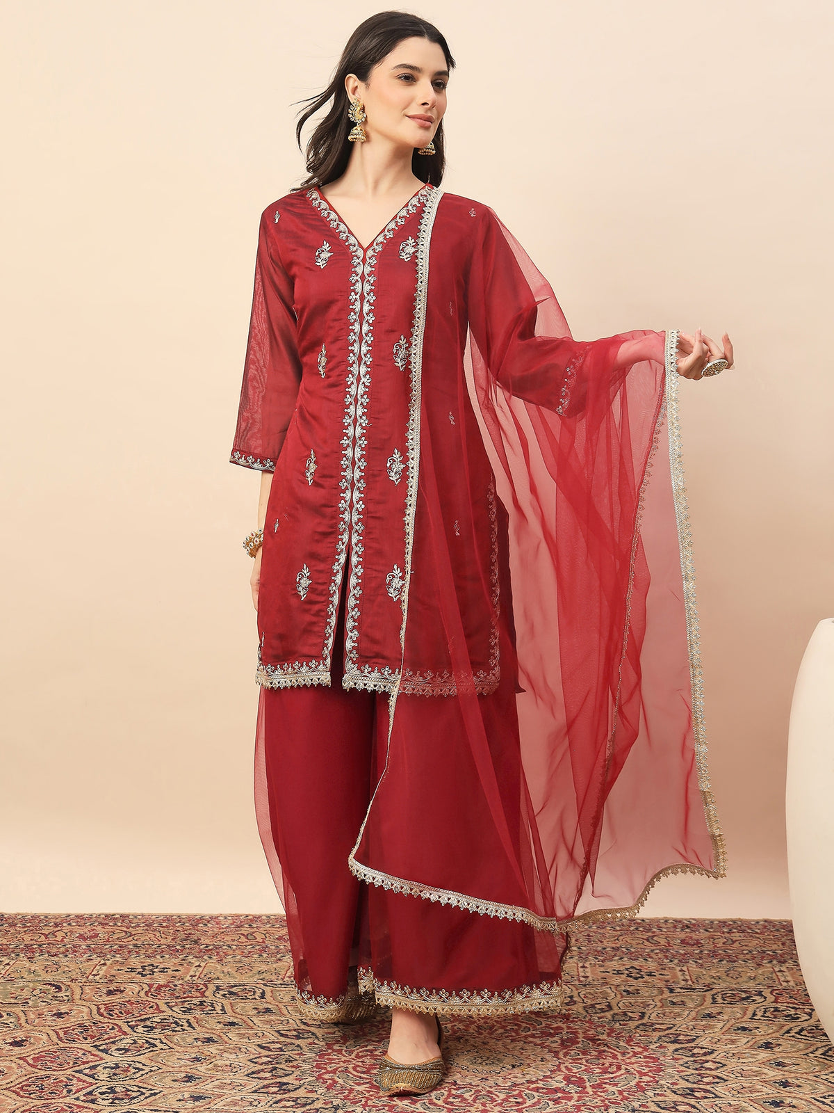 Maroon Embroidered Kurta Palazzo Set with Organza Dupatta for Women
