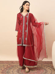 Maroon Embroidered Kurta Palazzo Set with Organza Dupatta for Women