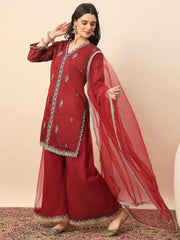 Maroon Embroidered Kurta Palazzo Set with Organza Dupatta for Women