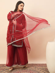 Maroon Embroidered Kurta Palazzo Set with Organza Dupatta for Women