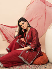 Maroon Embroidered Kurta Palazzo Set with Organza Dupatta for Women