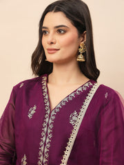 Wine Embroidered Kurta Palazzo Set with Organza Dupatta for Women