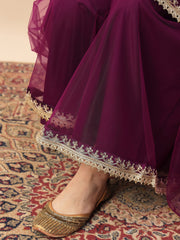 Wine Embroidered Kurta Palazzo Set with Organza Dupatta for Women