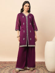 Wine Embroidered Kurta Palazzo Set with Organza Dupatta for Women