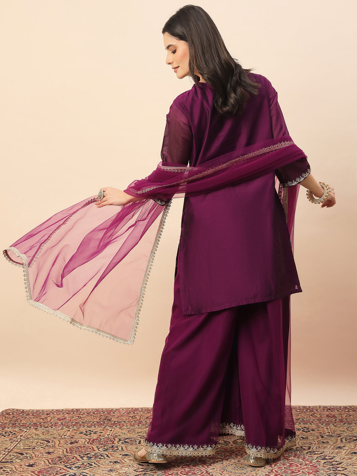 Wine Embroidered Kurta Palazzo Set with Organza Dupatta for Women