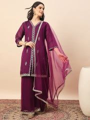 Wine Embroidered Kurta Palazzo Set with Organza Dupatta for Women
