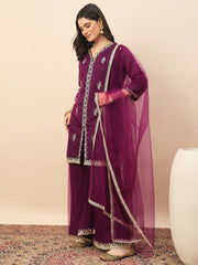 Wine Embroidered Kurta Palazzo Set with Organza Dupatta for Women