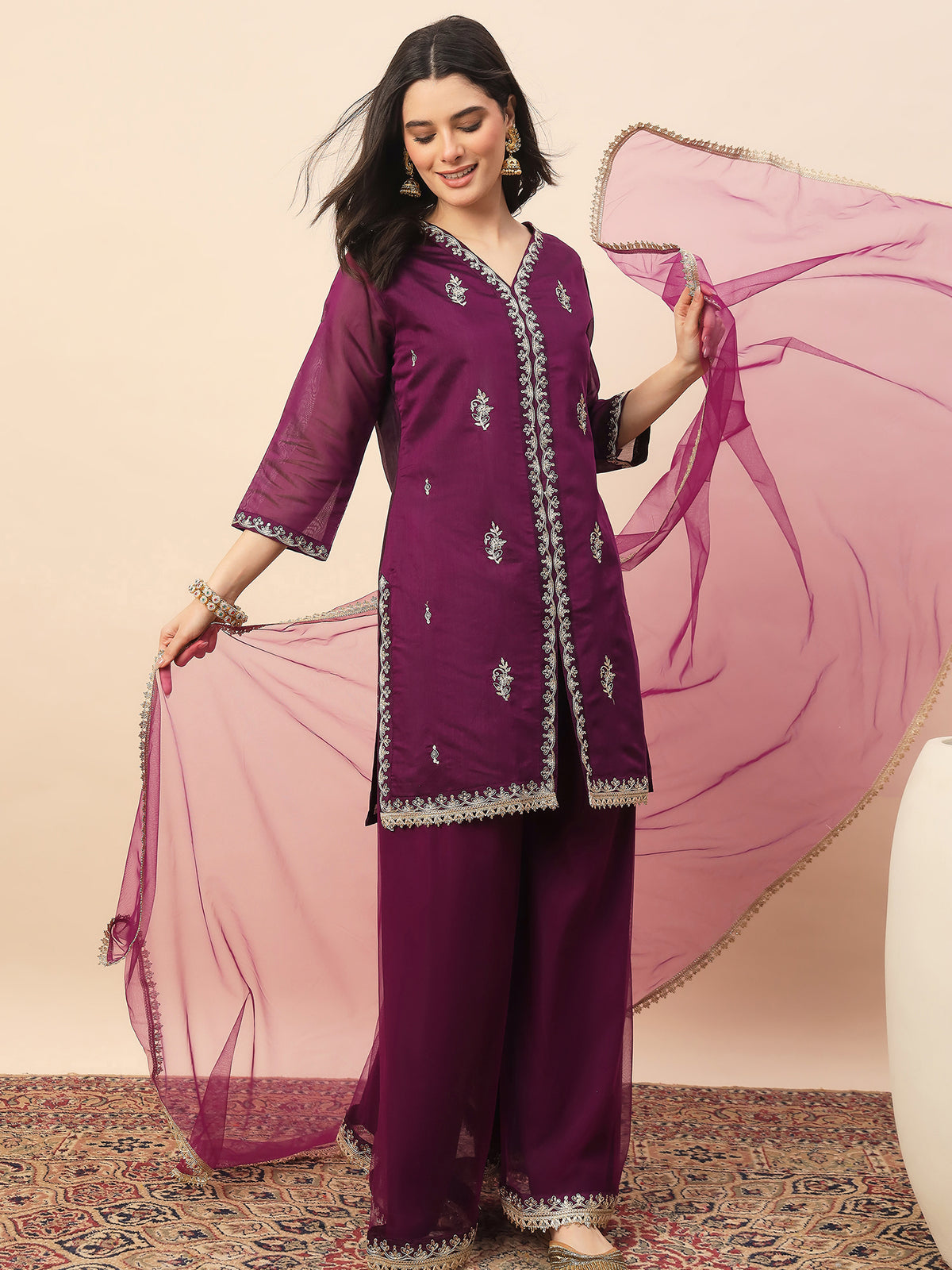 Wine Embroidered Kurta Palazzo Set with Organza Dupatta for Women