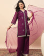 Wine Embroidered Kurta Palazzo Set with Organza Dupatta for Women