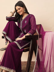 Wine Embroidered Kurta Palazzo Set with Organza Dupatta for Women