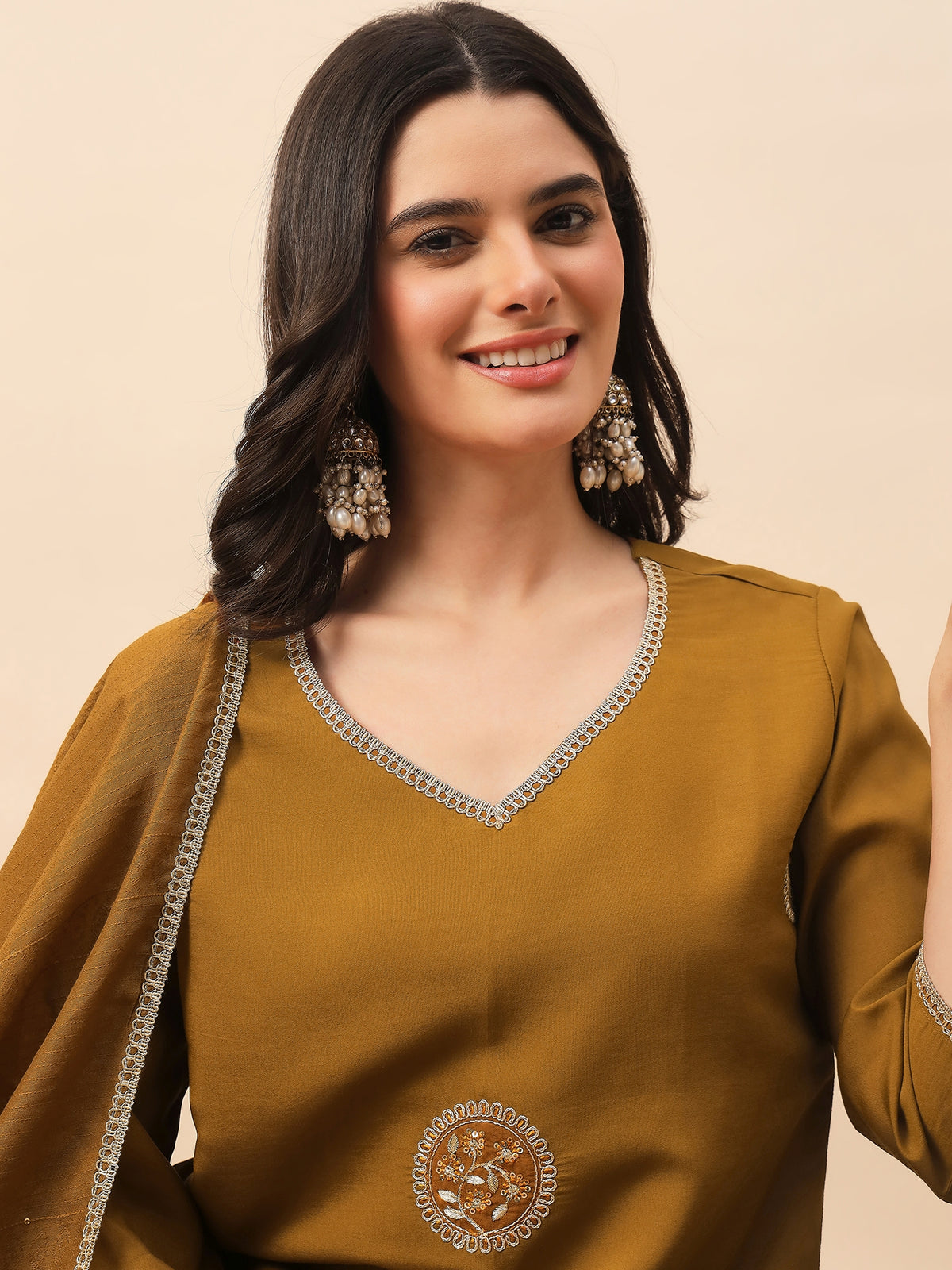 Mustard Embroidered Kurta Pant Set with Dupatta for Women