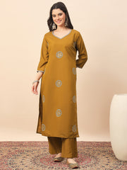 Mustard Embroidered Kurta Pant Set with Dupatta for Women