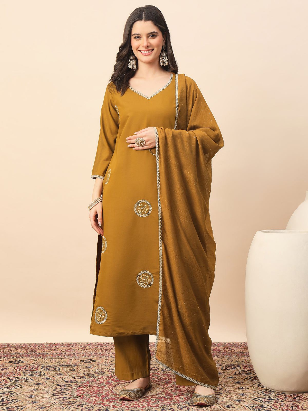 Mustard Embroidered Kurta Pant Set with Dupatta for Women
