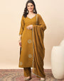 Mustard Embroidered Kurta Pant Set with Dupatta for Women
