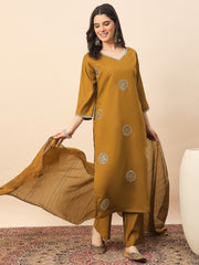 Mustard Embroidered Kurta Pant Set with Dupatta for Women