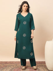 Rama Green Embroidered Kurta Pant Set with Dupatta for Women