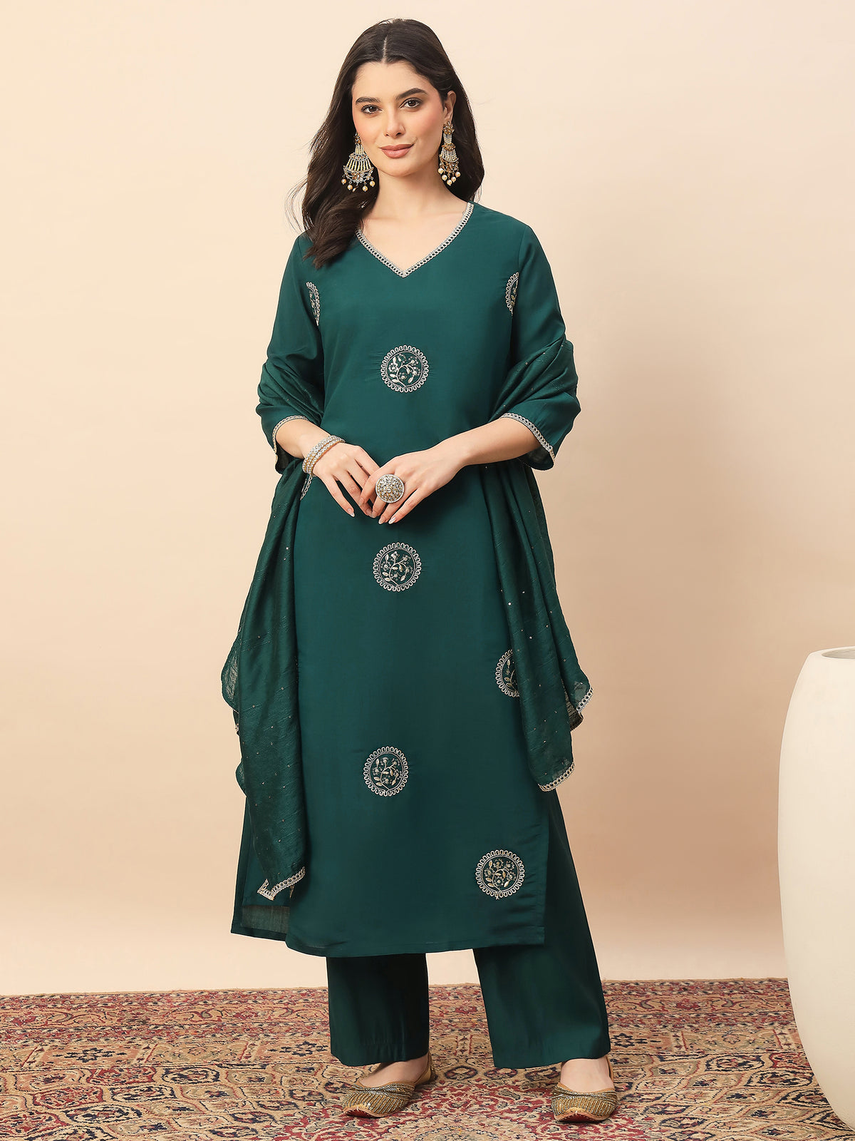 Rama Green Embroidered Kurta Pant Set with Dupatta for Women