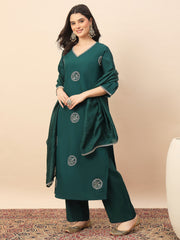 Rama Green Embroidered Kurta Pant Set with Dupatta for Women