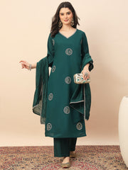 Rama Green Embroidered Kurta Pant Set with Dupatta for Women