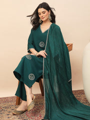 Rama Green Embroidered Kurta Pant Set with Dupatta for Women