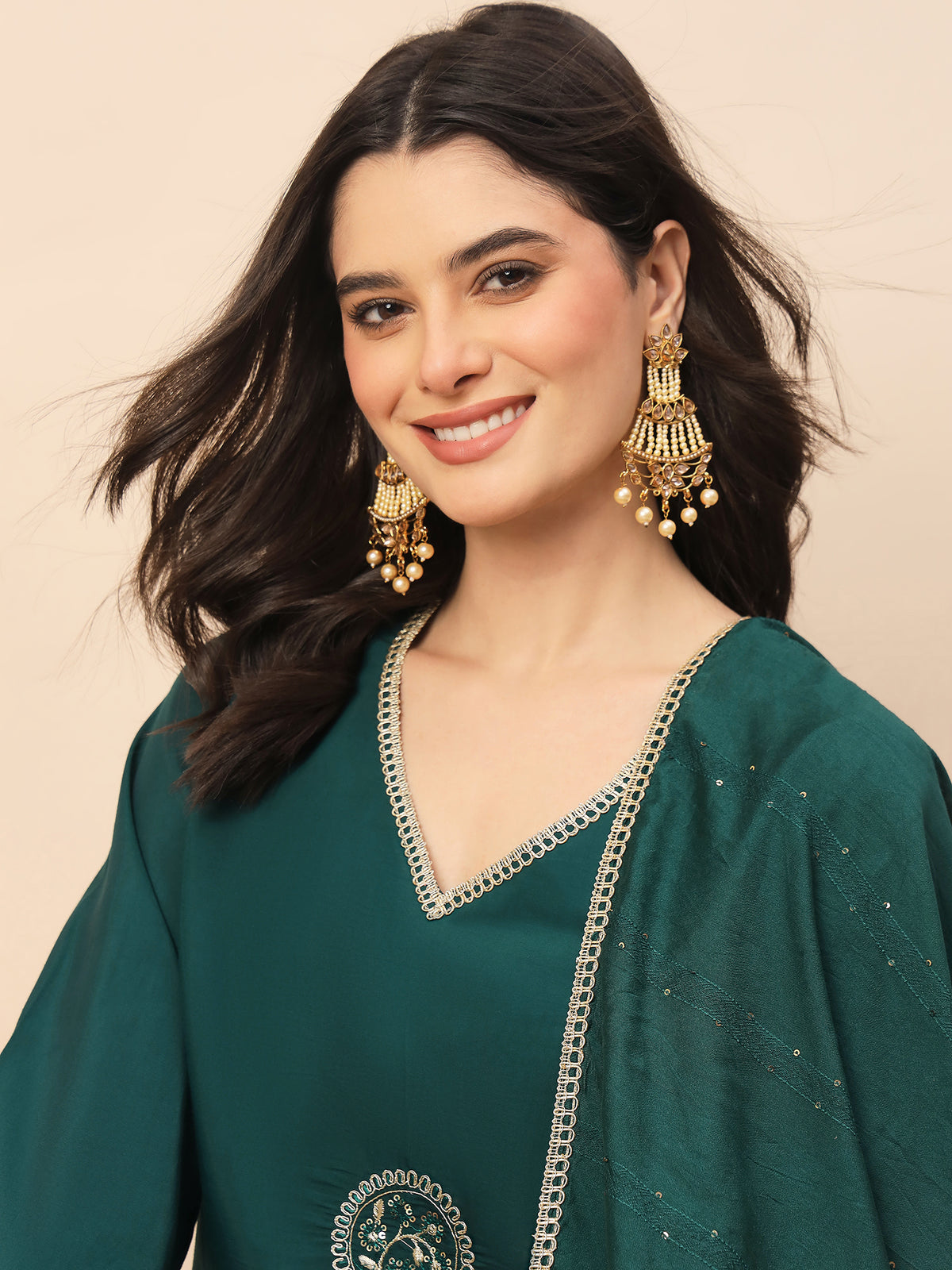 Rama Green Embroidered Kurta Pant Set with Dupatta for Women