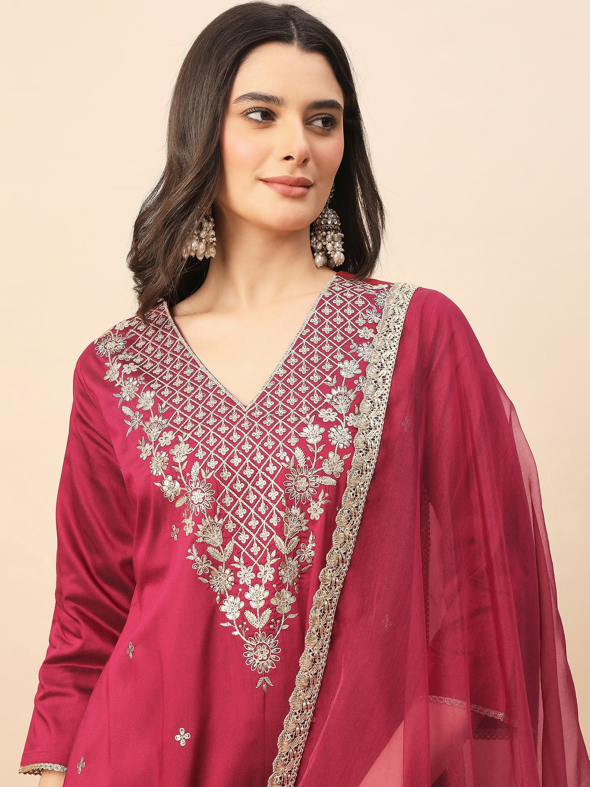 Rani Pink Embroidered Kurta Set with Dupatta for Women | Festive & Wedding Wear Ethnic Suit