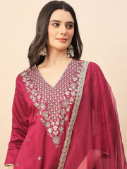 Rani Pink Embroidered Kurta Set with Dupatta for Women | Festive & Wedding Wear Ethnic Suit