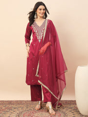 Rani Pink Embroidered Kurta Set with Dupatta for Women | Festive & Wedding Wear Ethnic Suit