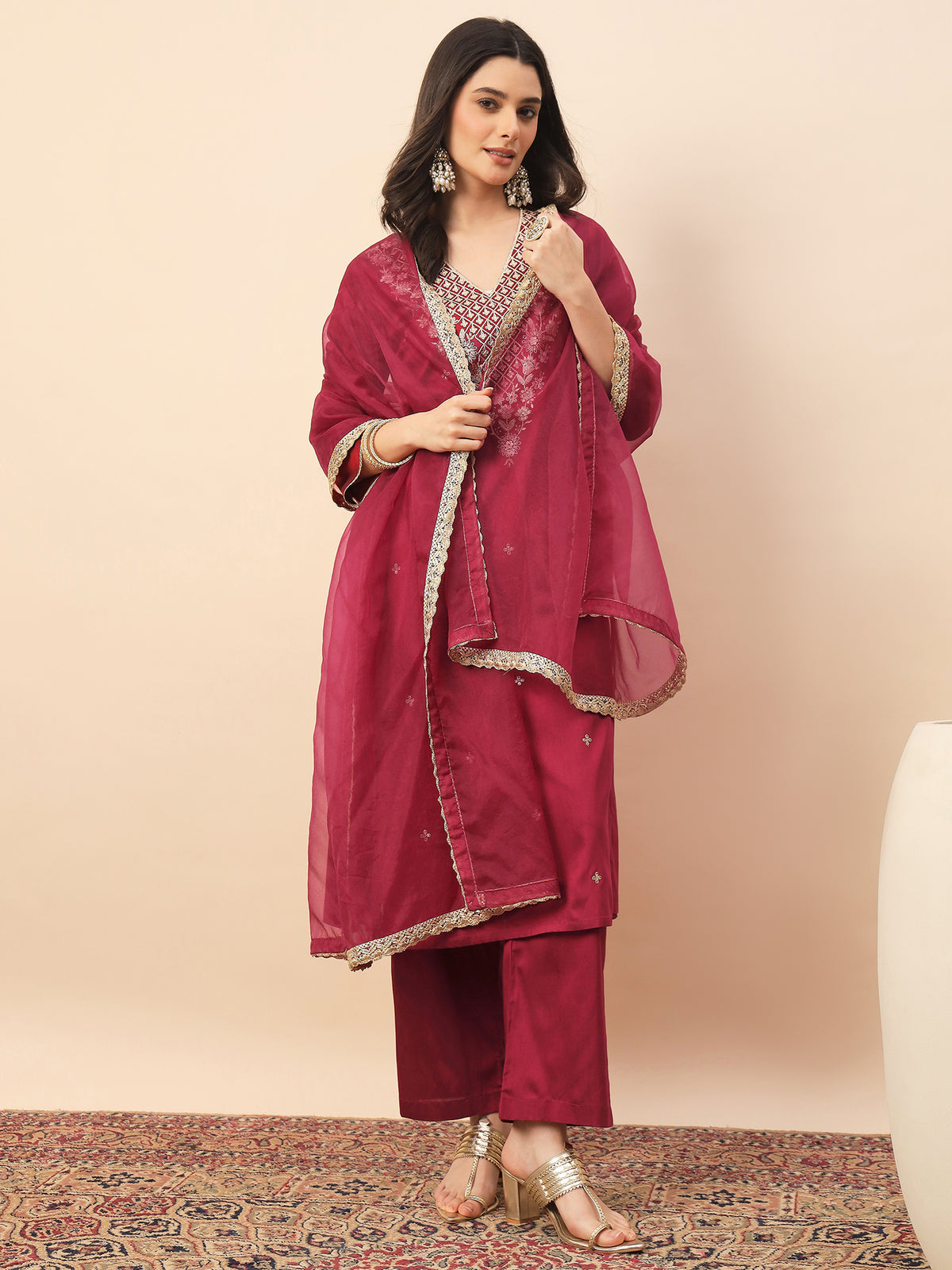Rani Pink Embroidered Kurta Set with Dupatta for Women | Festive & Wedding Wear Ethnic Suit