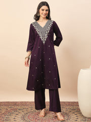 Wine Purple Embroidered Kurta Set with Dupatta for Women | Elegant Festive & Wedding Wear Suit