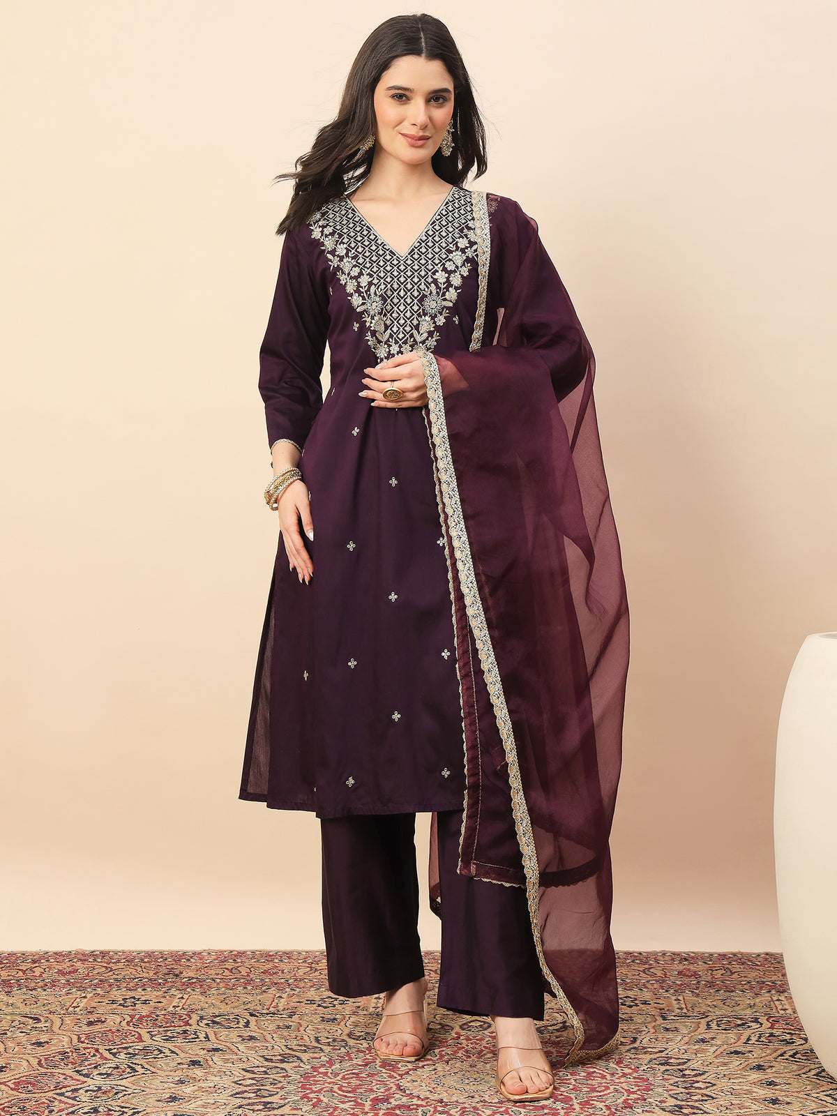 Wine Purple Embroidered Kurta Set with Dupatta for Women | Elegant Festive & Wedding Wear Suit