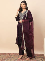 Wine Purple Embroidered Kurta Set with Dupatta for Women | Elegant Festive & Wedding Wear Suit
