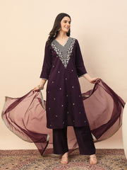 Wine Purple Embroidered Kurta Set with Dupatta for Women | Elegant Festive & Wedding Wear Suit