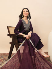 Wine Purple Embroidered Kurta Set with Dupatta for Women | Elegant Festive & Wedding Wear Suit