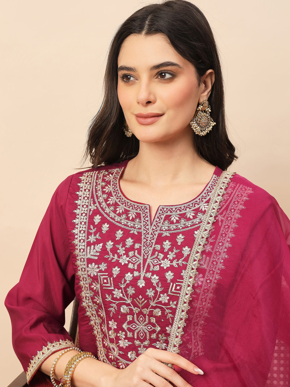 Rani Pink Embroidered Kurta Set with Organza Dupatta | Festive Ethnic Wear for Women