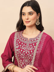 Rani Pink Embroidered Kurta Set with Organza Dupatta | Festive Ethnic Wear for Women