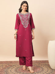 Rani Pink Embroidered Kurta Set with Organza Dupatta | Festive Ethnic Wear for Women