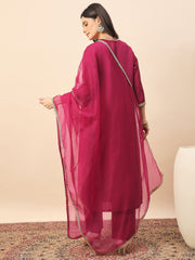 Rani Pink Embroidered Kurta Set with Organza Dupatta | Festive Ethnic Wear for Women