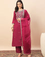 Rani Pink Embroidered Kurta Set with Organza Dupatta | Festive Ethnic Wear for Women