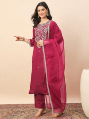 Rani Pink Embroidered Kurta Set with Organza Dupatta | Festive Ethnic Wear for Women