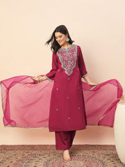 Rani Pink Embroidered Kurta Set with Organza Dupatta | Festive Ethnic Wear for Women