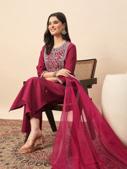 Rani Pink Embroidered Kurta Set with Organza Dupatta | Festive Ethnic Wear for Women