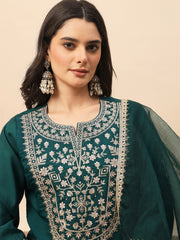 Rama Green Embroidered Kurta Set with Organza Dupatta | Elegant Festive Wear for Women