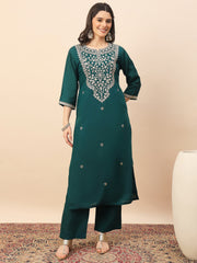 Rama Green Embroidered Kurta Set with Organza Dupatta | Elegant Festive Wear for Women
