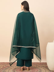 Rama Green Embroidered Kurta Set with Organza Dupatta | Elegant Festive Wear for Women