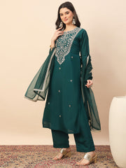 Rama Green Embroidered Kurta Set with Organza Dupatta | Elegant Festive Wear for Women