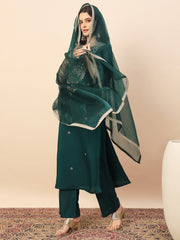 Rama Green Embroidered Kurta Set with Organza Dupatta | Elegant Festive Wear for Women