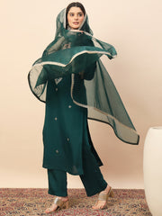 Rama Green Embroidered Kurta Set with Organza Dupatta | Elegant Festive Wear for Women