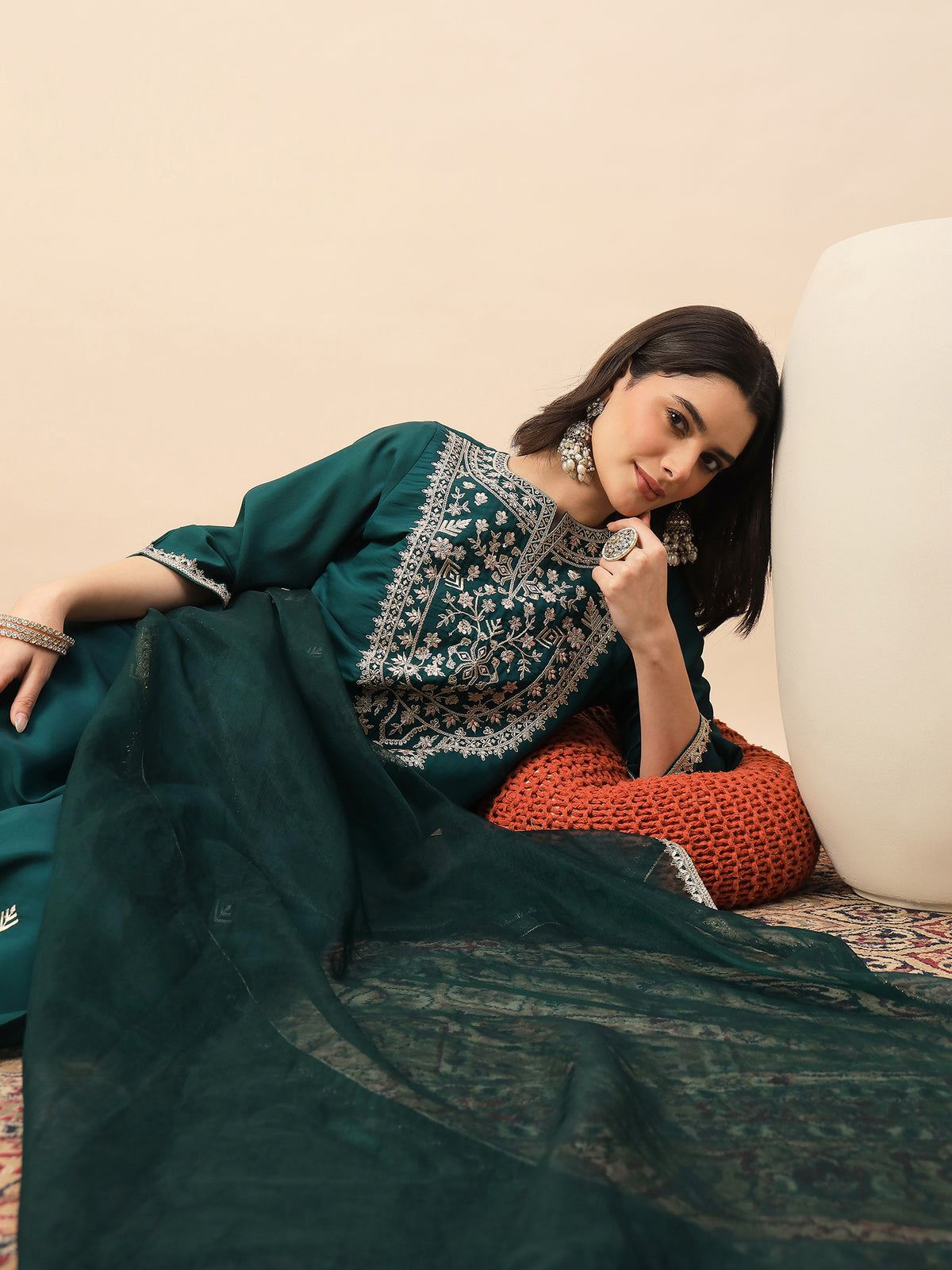 Rama Green Embroidered Kurta Set with Organza Dupatta | Elegant Festive Wear for Women